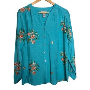 🩷Multiples Women Small Bohemian Embroidered Teal Flowers Button Down Shirt